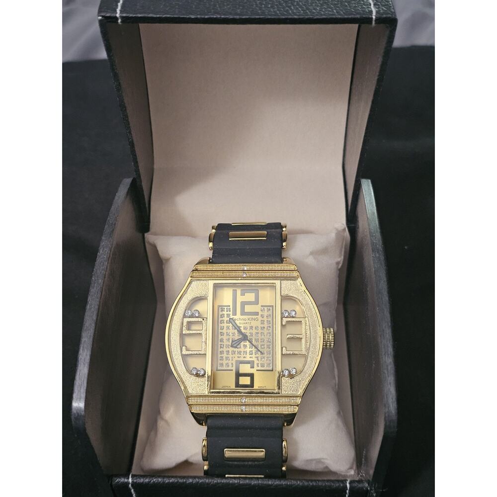 53.9mm LARGE Quartz Analog Watch Gold Tone Black Silicone bullet band